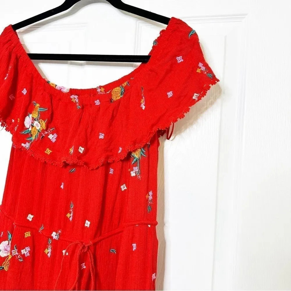 LOST + WANDER Off Shoulder‎ Red Floral Midi Flowy Dress Size XL - Picture 2 of 6